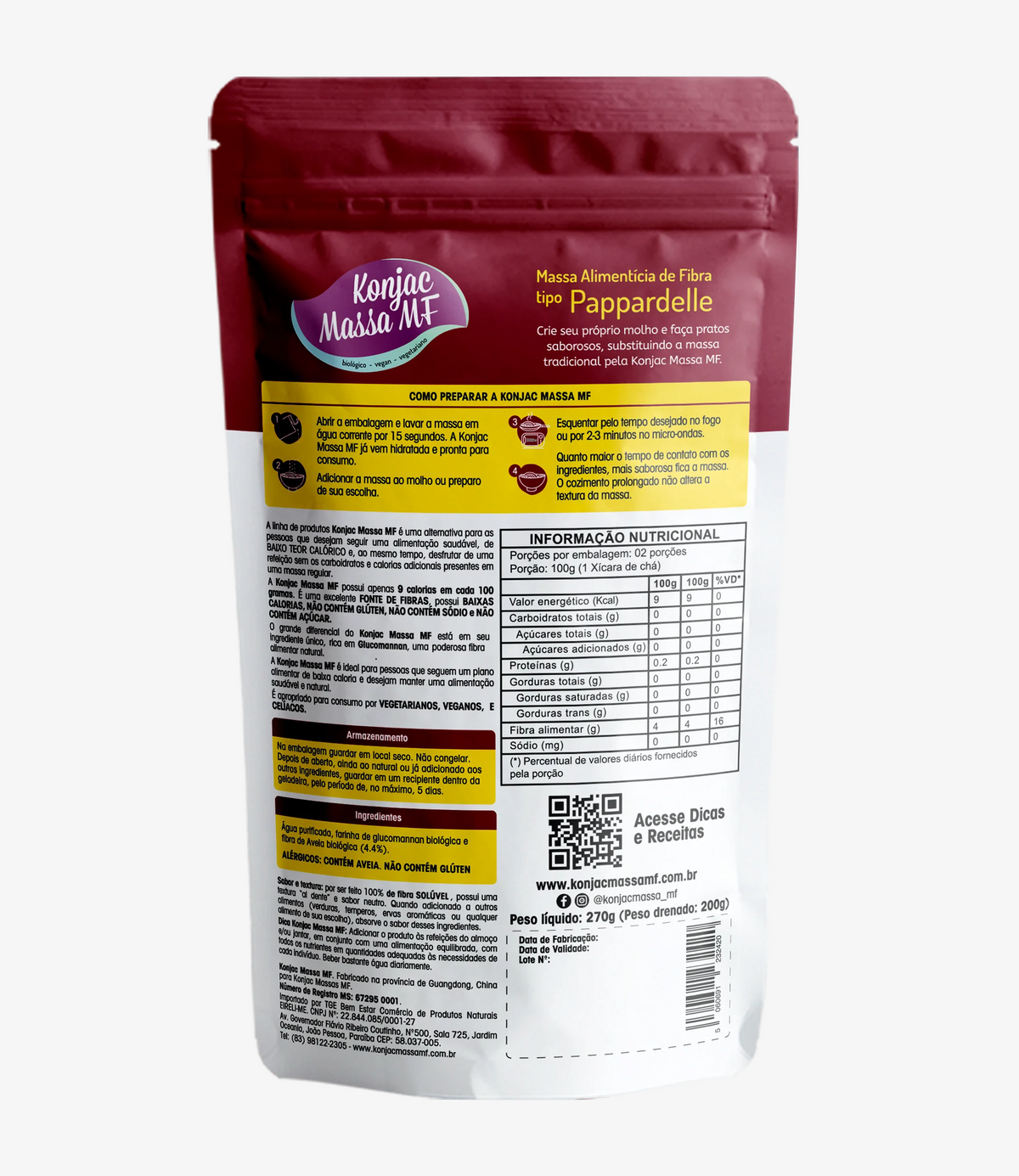 Pappardelle Konjac Massa MF Baixo em Carboidratos